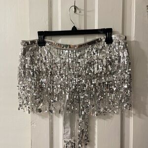 Silver Sequin Fringe Mini Skirt